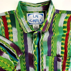 Lin‎ Canola Casual Button Up Shirt Multicolor Striped 100% Cotton Men's M